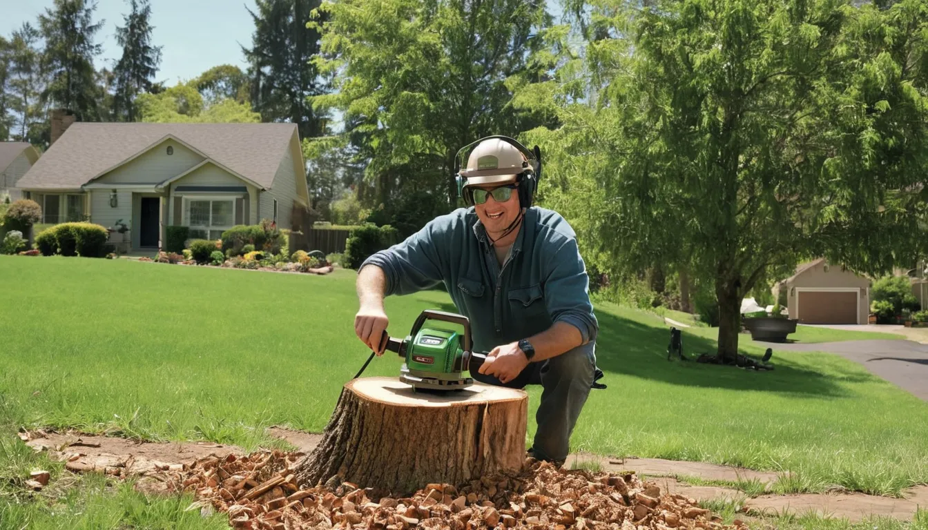 Provider operating a stump grinder in a backyard in Arlington while a homeowner watches from the patio